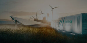 Smart grid renewable energy system solution for future smart cities at sunset. 3d rendering