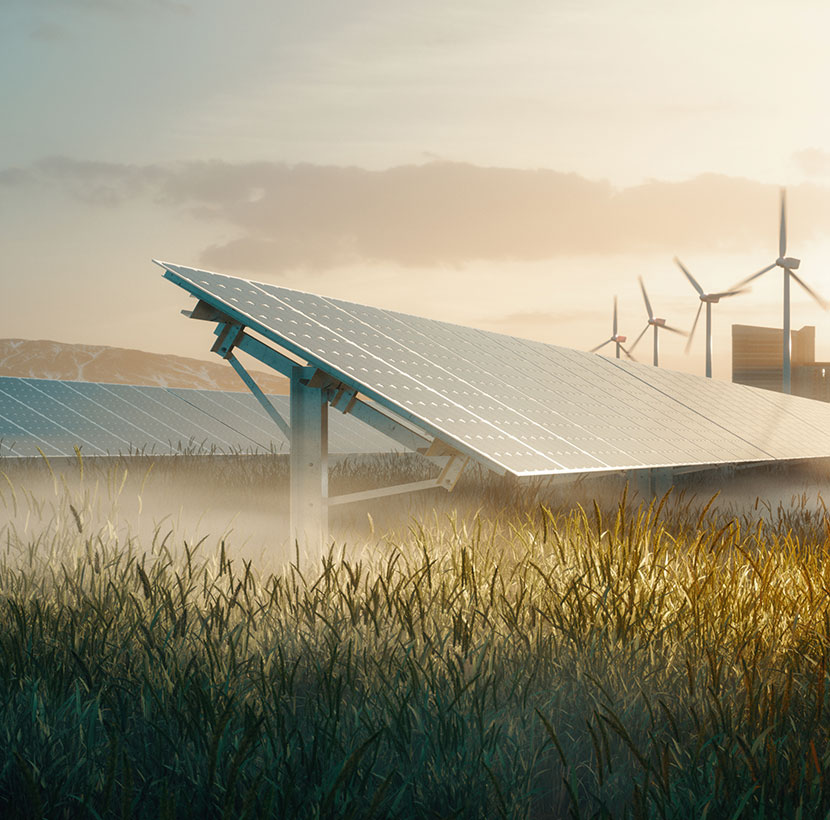 Smart grid renewable energy system solution for future smart cities at sunset. 3d rendering